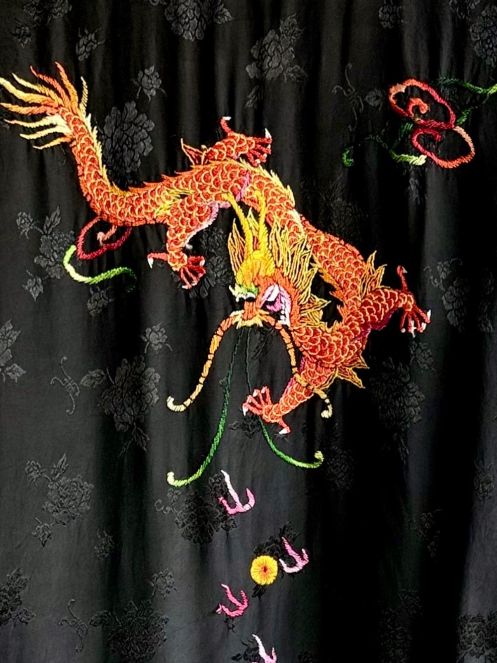 Vintage Black Satin Dragon Embroidered Robe Jacquard One Size